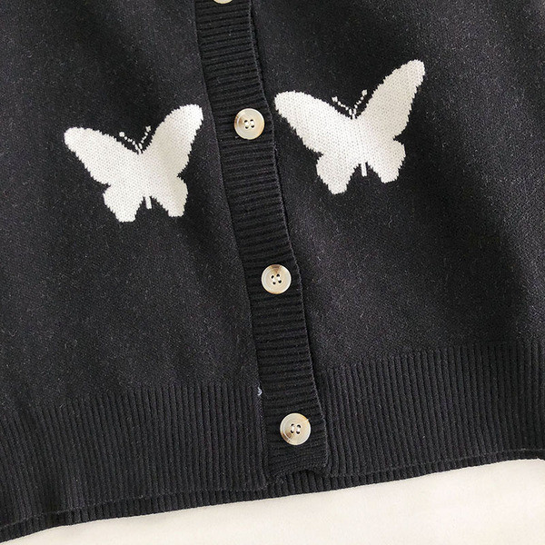 Naiste musta värvi liblikate ja nööpidega kardigan