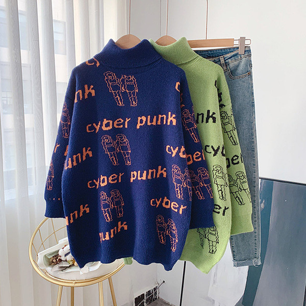 Γυναικείο πουλόβερ με χρωματική επιγραφή και ψηλό γιακά