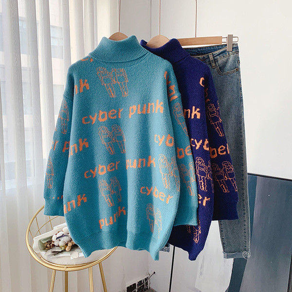 Γυναικείο πουλόβερ με χρωματική επιγραφή και ψηλό γιακά