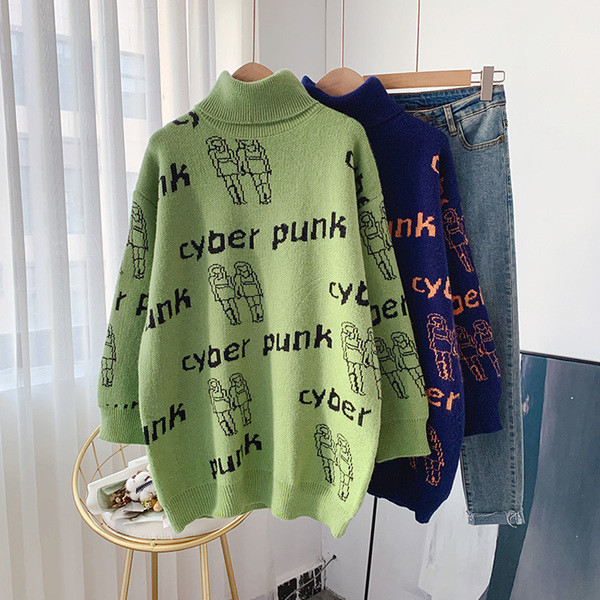 Γυναικείο πουλόβερ με χρωματική επιγραφή και ψηλό γιακά