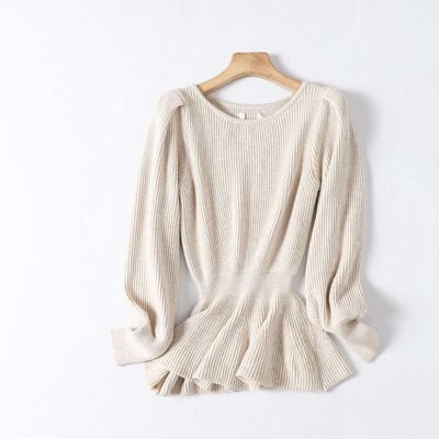 Γυναικείο λεπτό πλεκτό πουλόβερ με οβάλ ντεκολτέ και ελαστική μέση