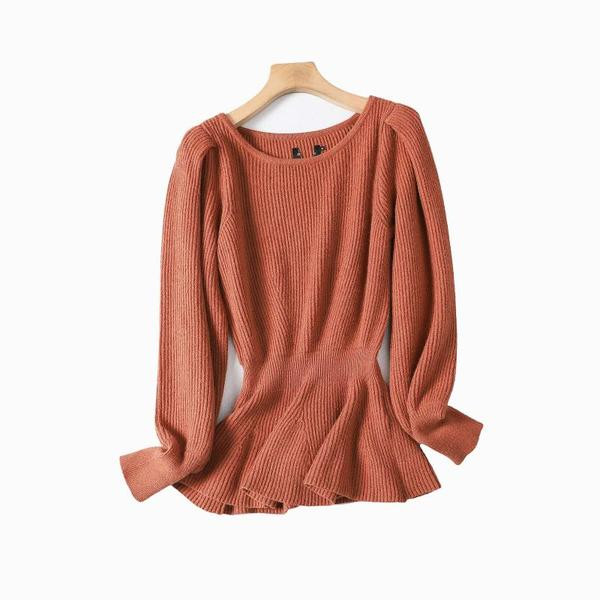 Γυναικείο λεπτό πλεκτό πουλόβερ με οβάλ ντεκολτέ και ελαστική μέση