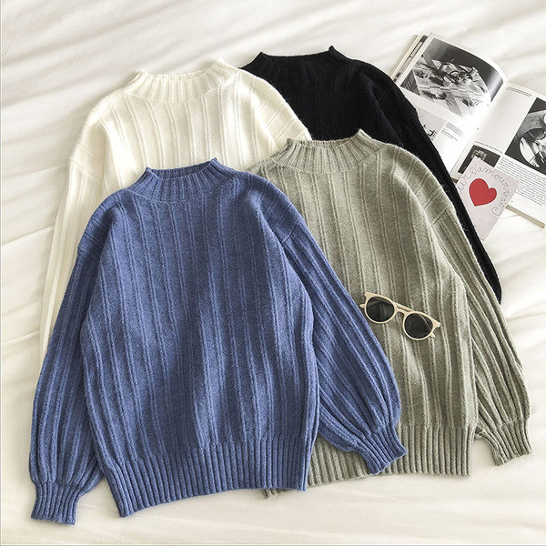 Casual γυναικείο πουλόβερ με χαμηλό γιακά και μακριά μανίκια