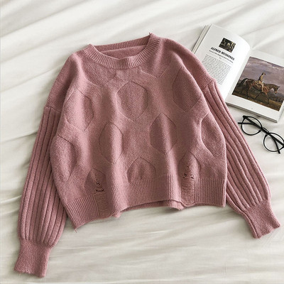 Μοντέρνο μονόχρωμο γυναικείο πουλόβερ με στρογγυλή λαιμόκοψη