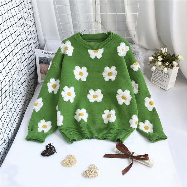 Νέο μοντέλο γυναικείο πουλόβερ με λουλουδάτο μοτίβο και στρογγυλή λαιμόκοψη