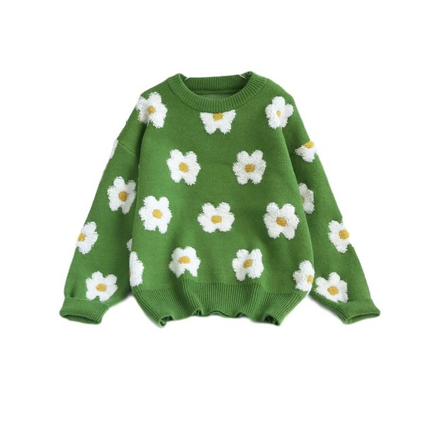 Νέο μοντέλο γυναικείο πουλόβερ με λουλουδάτο μοτίβο και στρογγυλή λαιμόκοψη