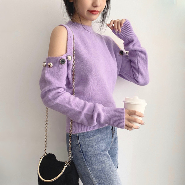 Γυναικείο casual πουλόβερ με γυμνούς ώμους, μεταλλικά στοιχεία και οβάλ ντεκολτέ