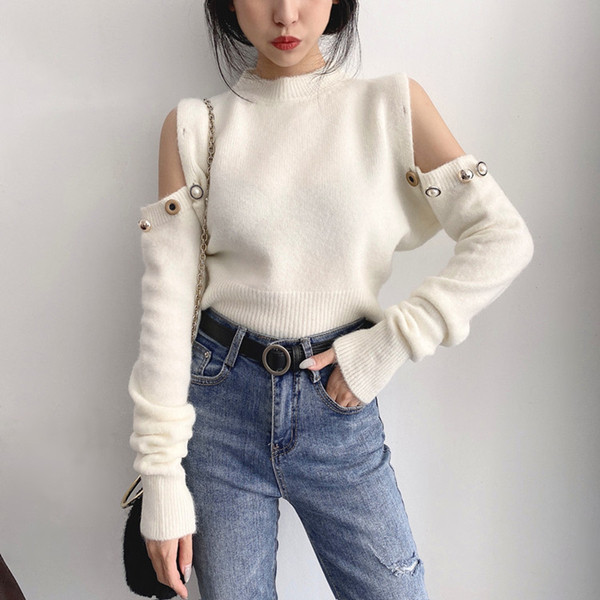 Γυναικείο casual πουλόβερ με γυμνούς ώμους, μεταλλικά στοιχεία και οβάλ ντεκολτέ