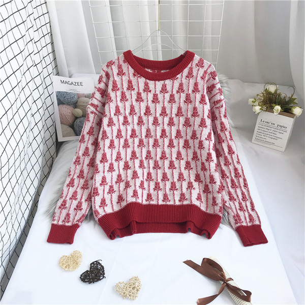 Νέο μοντέλο γυναικείο πουλόβερ με μοτίβο και στρογγυλή λαιμόκοψη