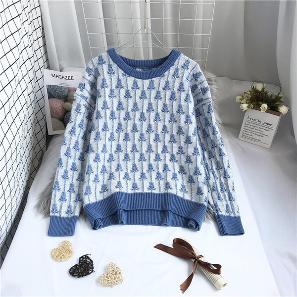 Νέο μοντέλο γυναικείο πουλόβερ με μοτίβο και στρογγυλή λαιμόκοψη