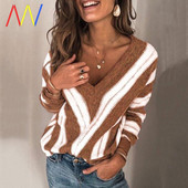 Ženski prugasti pulover s V izrezom - velika veličina