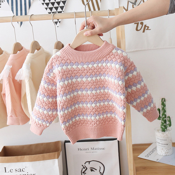 Dječji šareni pulover s okruglim izrezom i dugim rukavima za djevojčice