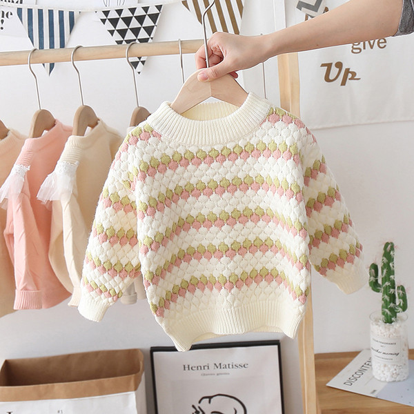 Dječji šareni pulover s okruglim izrezom i dugim rukavima za djevojčice