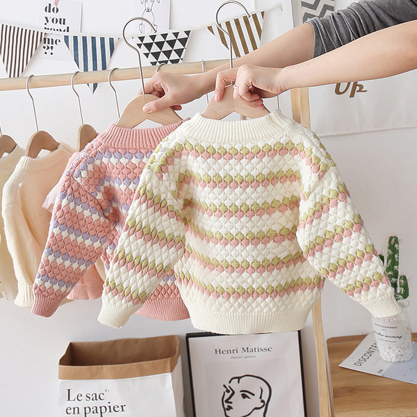 Dječji šareni pulover s okruglim izrezom i dugim rukavima za djevojčice