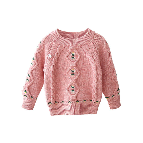 Модерен детски пуловер с обло деколте и бродерия 