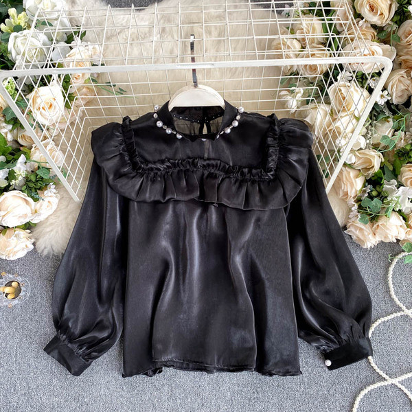 Γυναικείο casual πουκάμισο σε στυλ ρετρό με πέρλες και ψηλό γιακά