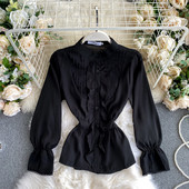 Дамска ежедневна риза с копчета и лотос ръкав в черен цвят