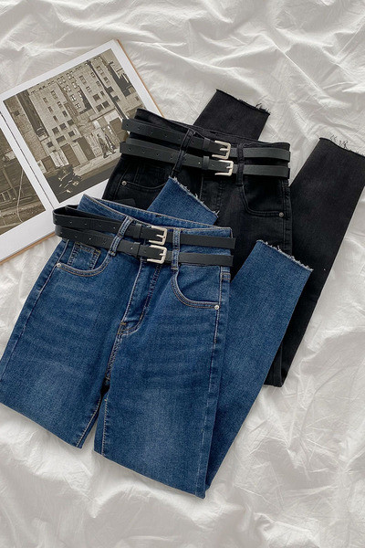 Актуални дамски дънки с колан и джобове 