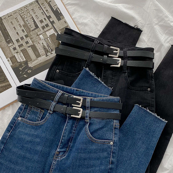 Актуални дамски дънки с колан и джобове 