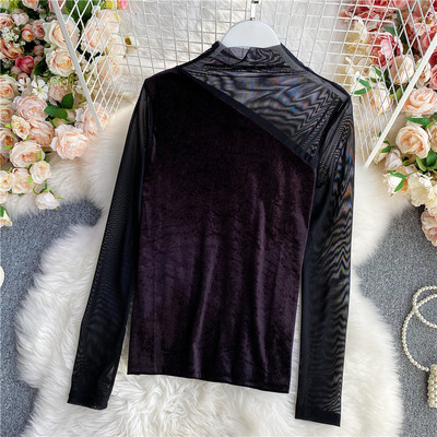 Ежедневна дамска блуза от кадифе с висока яка