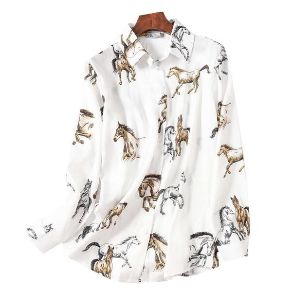 Γυναικείο φαρδύ πουκάμισο σε λευκό χρώμα με έγχρωμη εκτύπωση