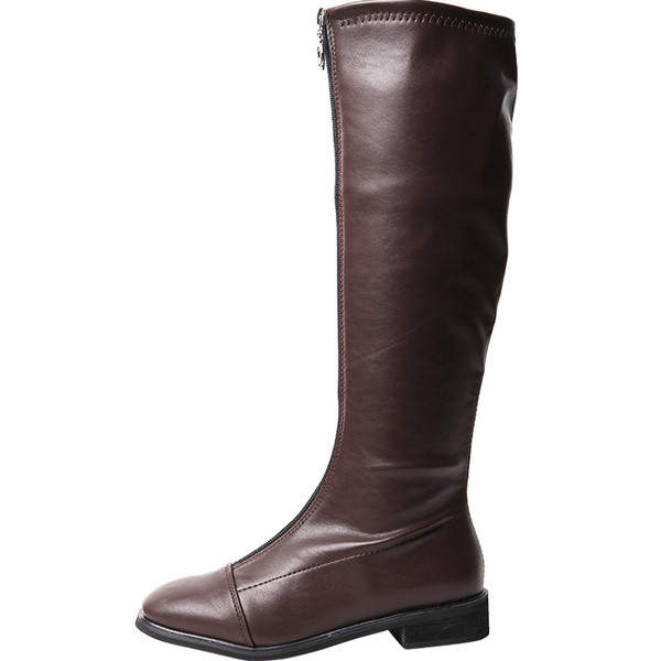 Дамски кожени ботуши с цип и  равна подметка