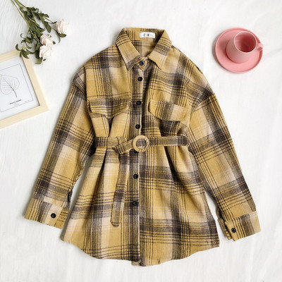 Γυναικείο μακρύ πουκάμισο καρό με ζώνη και κουμπιά