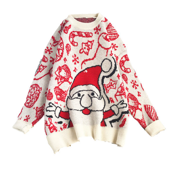 Moteriškas megztinis su apvalia iškirpte ir kalėdiniu motyvu