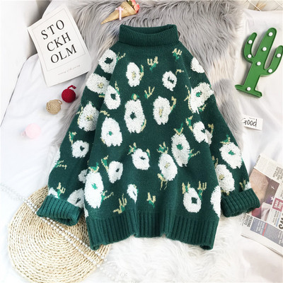 Naiste kõrge polo krae ja lillemustriga kampsun