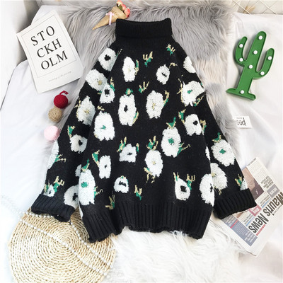 Naiste kõrge polo krae ja lillemustriga kampsun