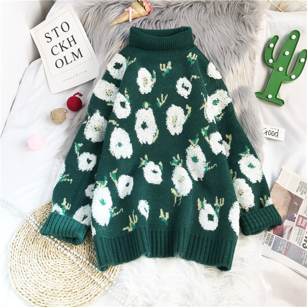 Naiste kõrge polo krae ja lillemustriga kampsun