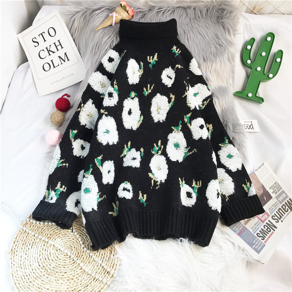 Naiste kõrge polo krae ja lillemustriga kampsun