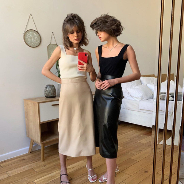 Нов модел дълга кожена пола с колан