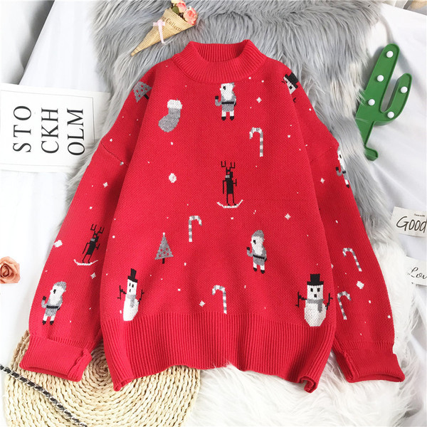Γυναικείο χριστουγεννιάτικο πουλόβερ με χαμηλό γιακά - φαρύ μοντέλο