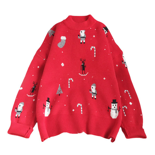 Γυναικείο χριστουγεννιάτικο πουλόβερ με χαμηλό γιακά - φαρύ μοντέλο