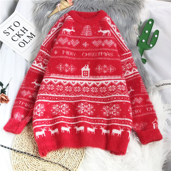 Νέο μοντέλο Χριστουγεννιάτικο γυναικείο πουλόβερ με οβάλ ντεκολτέ