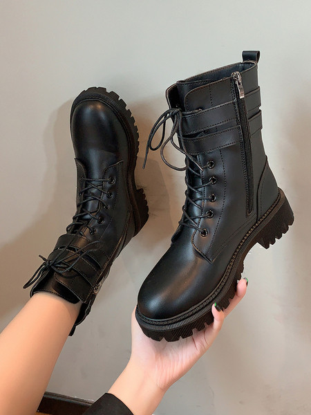 Crne ženske kožne čizme sa kopčom u crnoj boji