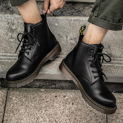 Men`s black leather boots with laces