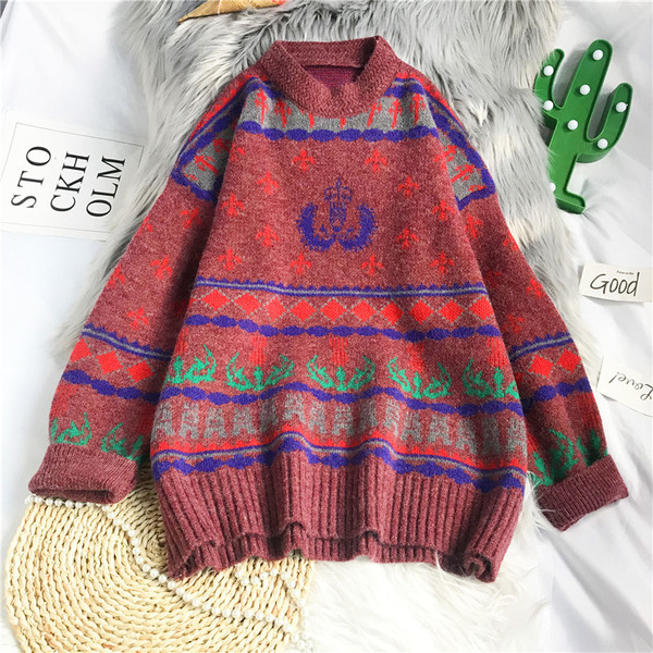 Casual πλεκτό πουλόβερ για γυναίκες με οβάλ λαιμόκοψη - φαρδύ μοντέλο