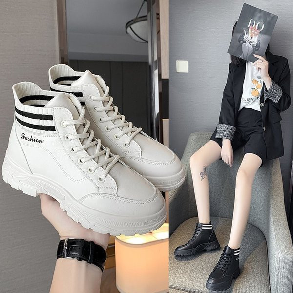 Ženske casual čizme s ravnim potplatom i vezicama u bijeloj i crnoj boji