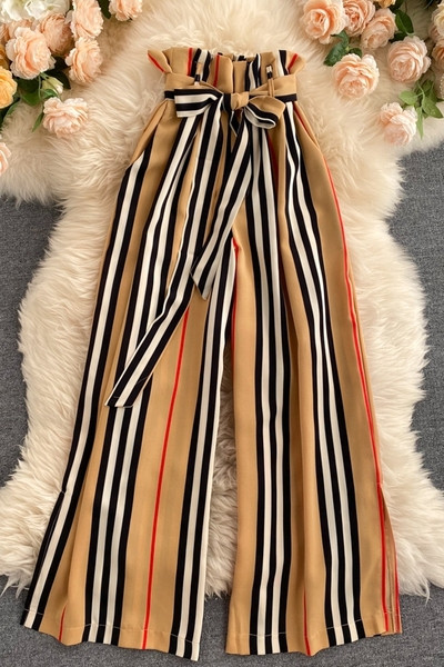 Дамски панталон с висока талия и панделка - широк модел