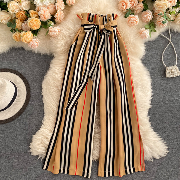 Дамски панталон с висока талия и панделка - широк модел