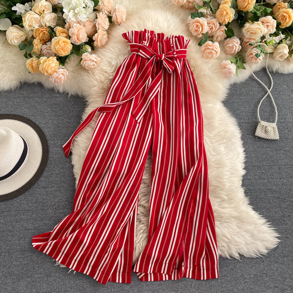 Дамски панталон с висока талия и панделка - широк модел