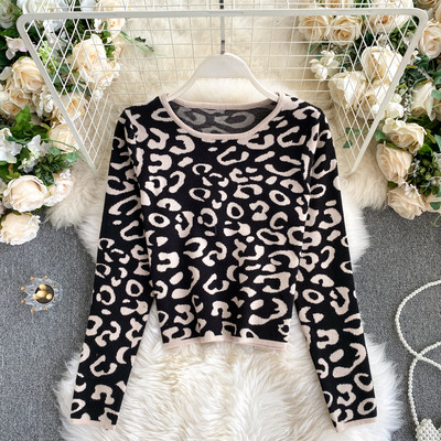 Γυναικείο πουλόβερ με μοτίβο λεοπάρδαλη και οβάλ ντεκολτέ