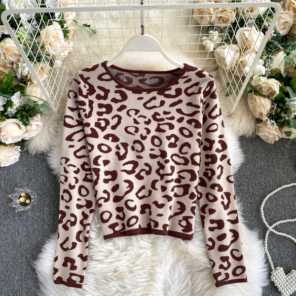 Γυναικείο πουλόβερ με μοτίβο λεοπάρδαλη και οβάλ ντεκολτέ