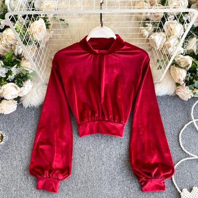 Moderna ženska baršunasta bluza s niskom polo kragnom