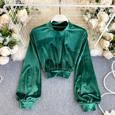 Moderna ženska baršunasta bluza s niskom polo kragnom