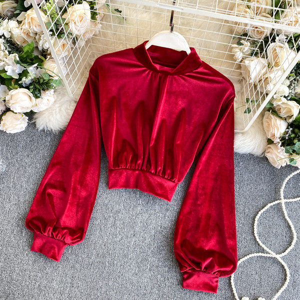 Moderna ženska baršunasta bluza s niskom polo kragnom