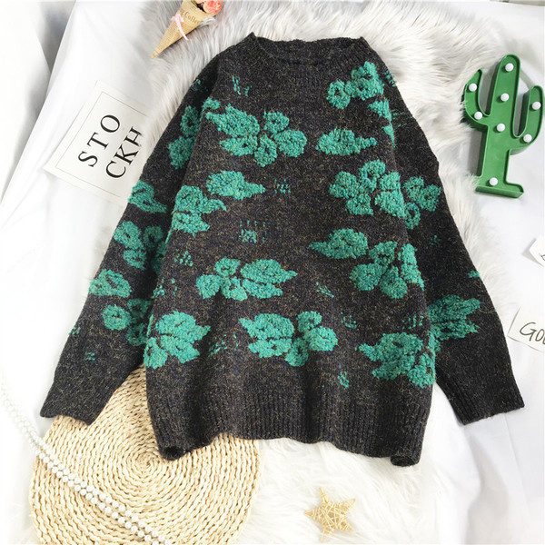 Νέο μοντέλο γυναικείο πουλόβερ με λουλουδάτο μοτίβο - φαρδύ μοντέλο