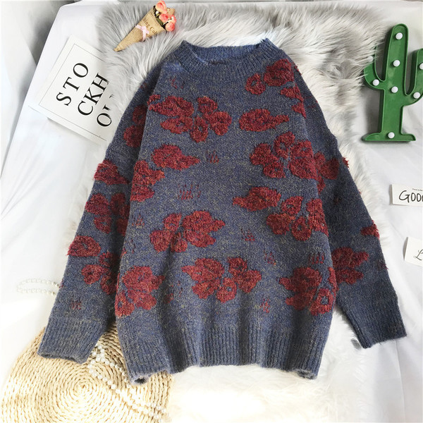 Νέο μοντέλο γυναικείο πουλόβερ με λουλουδάτο μοτίβο - φαρδύ μοντέλο